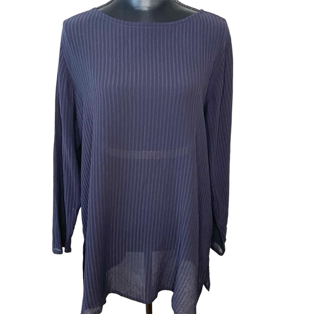 Eileen Fisher Silk Top Ribbed Sheer Tunic Shirt Lightweight Blue Ink Size Medium